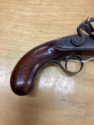 Lot 966 - Early 19th century Flintlock officers pistol with octagonal barrel, side lock, walnut stocked with brass mounts and original ram rod 28cm long overall, the barrel 16cm