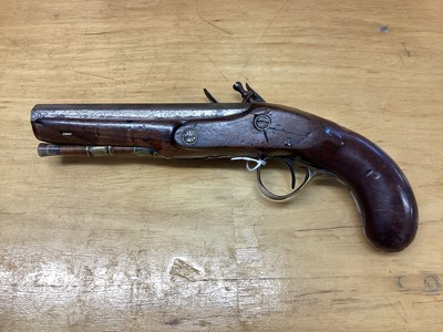 Lot 966 - Early 19th century Flintlock officers pistol with octagonal barrel, side lock, walnut stocked with brass mounts and original ram rod 28cm long overall, the barrel 16cm