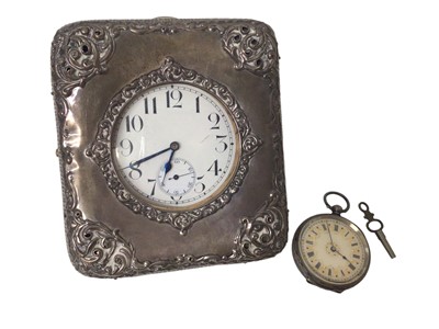 Lot 171 - Silver fob watch together with a travelling clock in case (2)