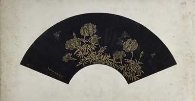 Lot 424 - Chinese School, early 20th century, watercolour fan design decorated with gilt flowers and insects on a black ground, signed, 33cm x 62cm, unframed