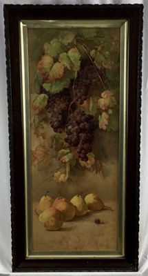 Lot 428 - Pair of Edwardian coloured prints - Still Life Grapes and Fruit, 82cm x 32cm, in glazed frames