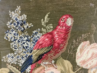Lot 429 - Victorian-style tapestry panel depicting a parrot among flowers, 76cm x 50cm, in glazed frame, together with tapestry pole screen mounted in a frame, 50cm x 40cm (2)