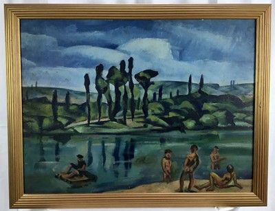 Lot 430 - 20th century oil on board - Bathing Figures, 57cm x 76cm, in gilt frame