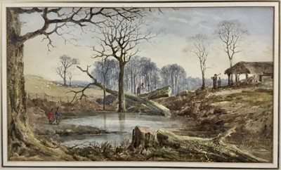 Lot 432 - Frederick Davis (fl. 1853-1892) watercolour - Logging at Fordham, 27cm x 46cm, in glazed gilt frame