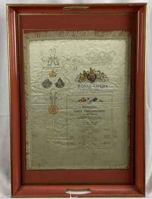 Lot 433 - Edwardian silk Royal Opera Gala Performance, July 7th 1903, mounted under glass as a towel handled tray