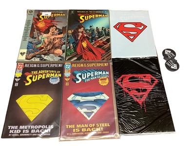 Lot 158 - DC Comics graphic novels Superman, to include the death of Superman (1993) plus badges, World without a Superman (1993), Superman collectors set adventures of Superman #500 and Superman #75, Superm...