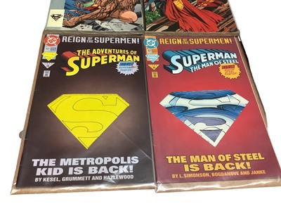 Lot 158 - DC Comics graphic novels Superman, to include the death of Superman (1993) plus badges, World without a Superman (1993), Superman collectors set adventures of Superman #500 and Superman #75, Superm...