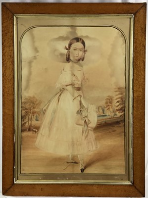 Lot 437 - English School, mid 19th century, watercolour - portrait of a young girl in parkland, 69cm x 49cm, in maple veneered frame