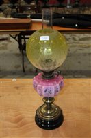 Lot 2890 - Victorian oil lamp with pink glass reservoir...