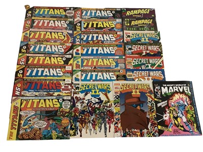 Lot 190 - Box of Marvel Comics magazines, to include The Titans weekly magazine (1976), Rampage monthly #3 and #4, Secret Wars 2 magazines, Battle action force weekly magazines, together with other related m...