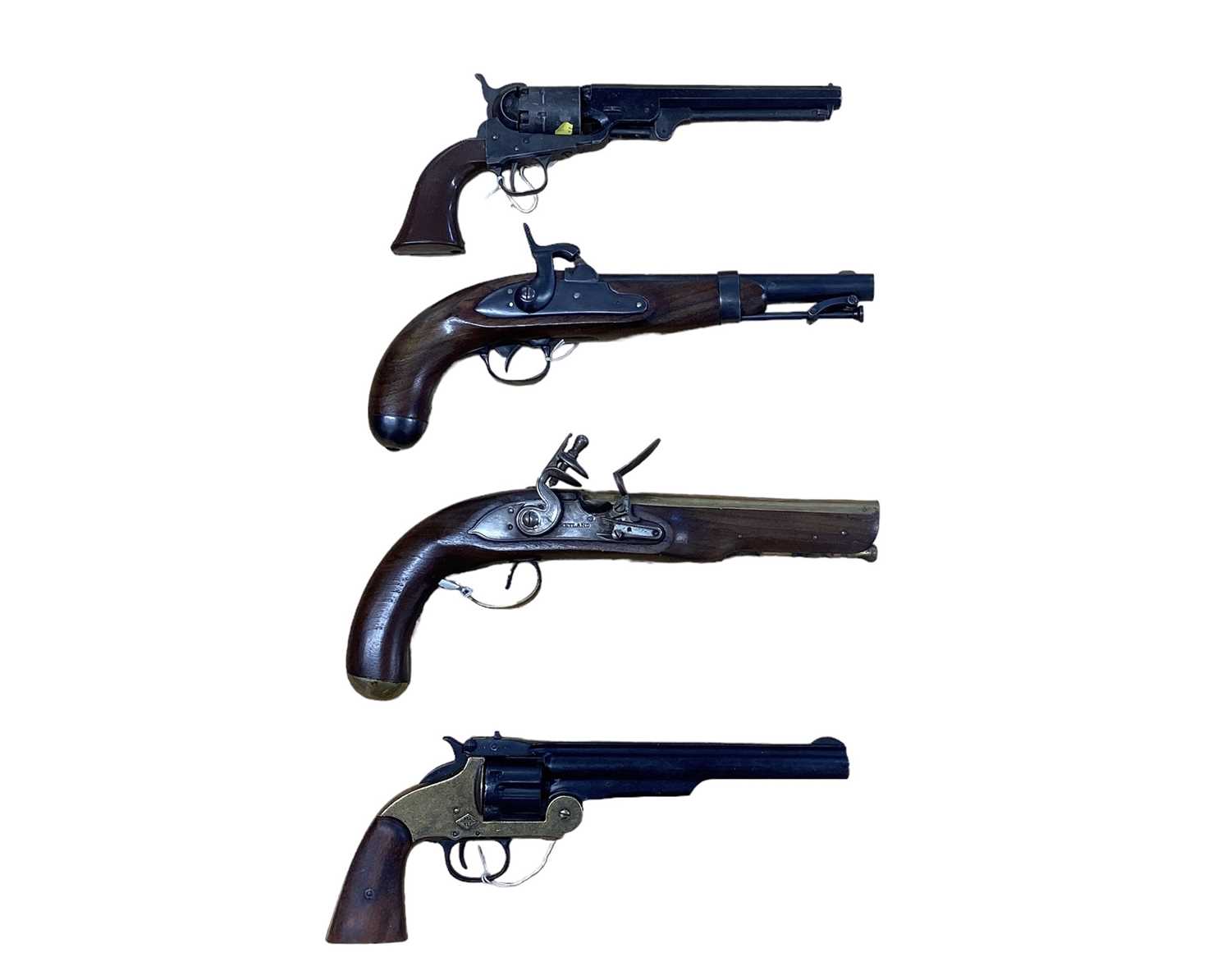 Lot 970 - Reproduction Flintlock military pistol, similar percussion military pistol and reproduction revolver (4)