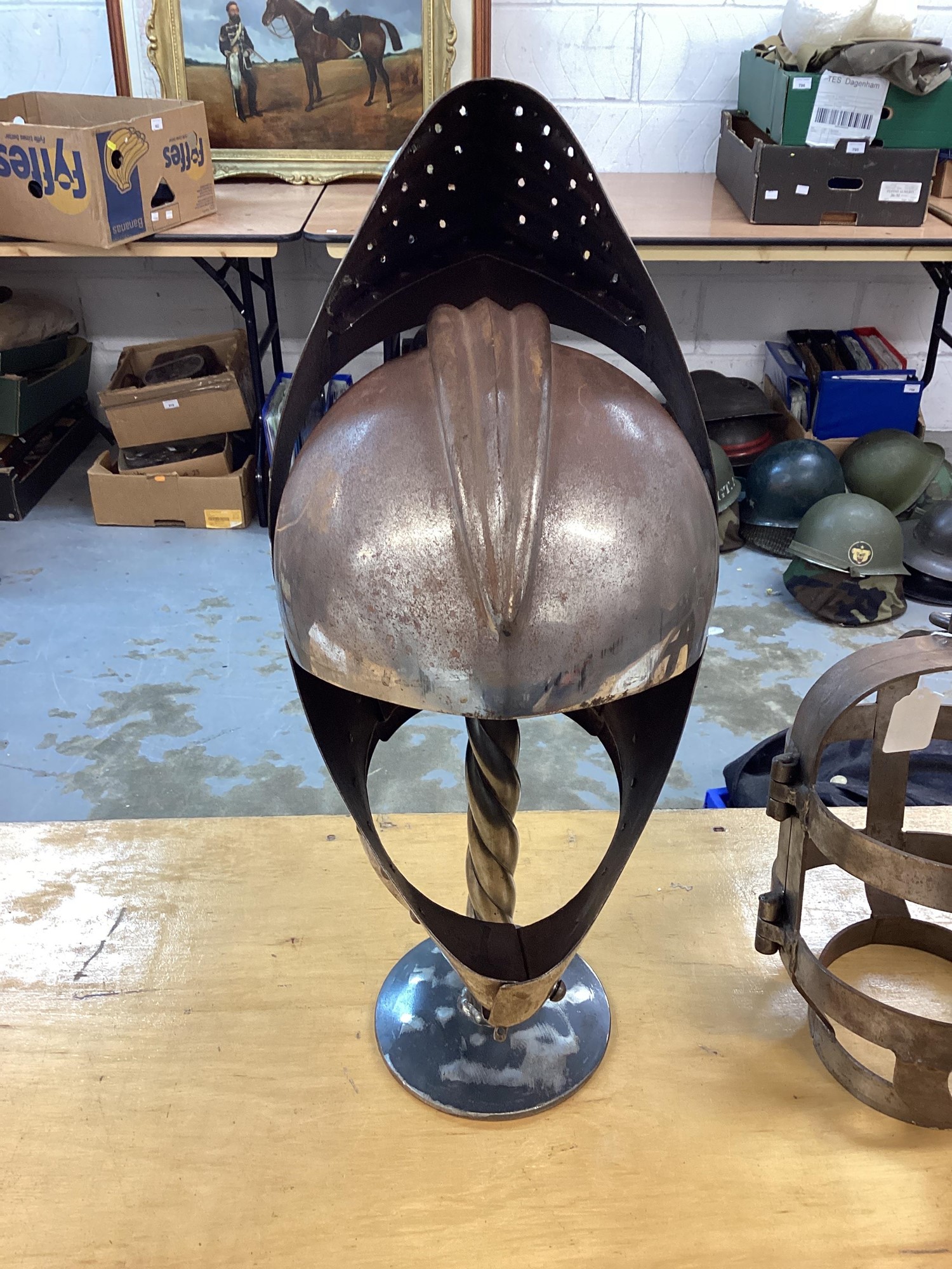 Lot 690 Reproduction steel knights helm with fluted