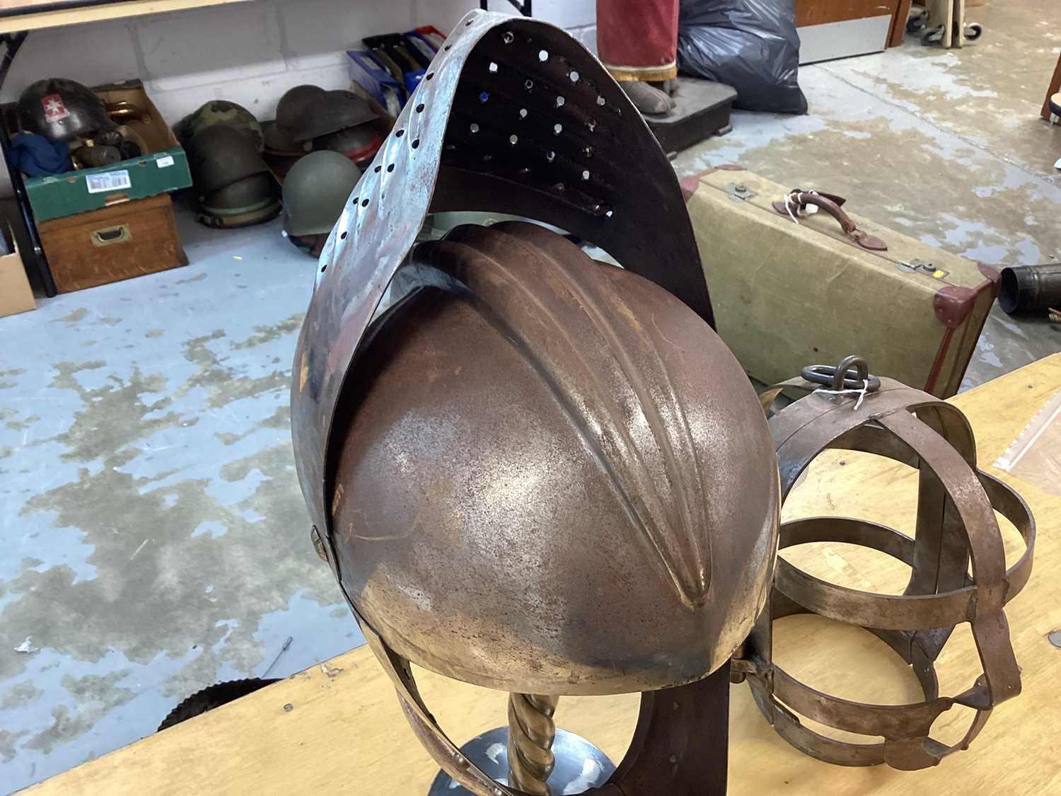 Lot 690 Reproduction steel knights helm with fluted