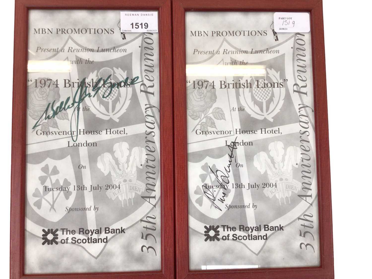 Lot 1519 - Collection of signed dinner menus British Lions Willie John McBride, Gareth Edwards, JPR williams Phil Bennett.