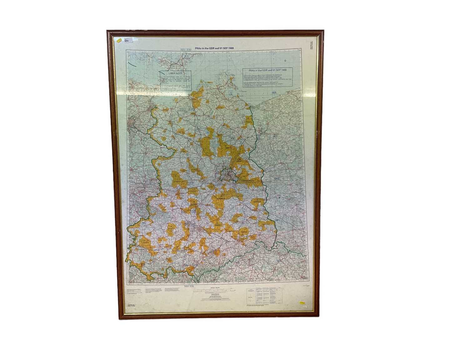 Lot 694 - Two large framed Cold War era maps of Germany captioned 'Areas permanently out of bounds to the Soviet Military mission, effective date 10th June 86, approximately 135 x 93.5cm