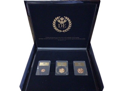 Lot 519 - Gibralta - L.M.O. Gold proof three coin commemorative set to include Sovereign, ½ Sovereign, and ¼ Sovereign, Elizabeth II & Prince Philip 2021 (N.B. Cased but without Certficate of Authenticity) (...