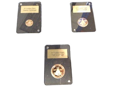 Lot 520 - Gibraltar - L.M.O - Gold proof three coin commemorative set '95 Golden Years' to include Sovereign, ½ Sovereign and ¼ Sovereign, Elizabeth II 2021 (N.B. Cased but without Certificates of Authentici...