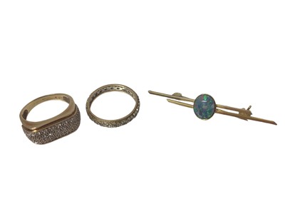 Lot 168 - 9ct gold diamond cluster ring, 9ct gold synthetic stone eternity ring and a silver gilt brooch (3)