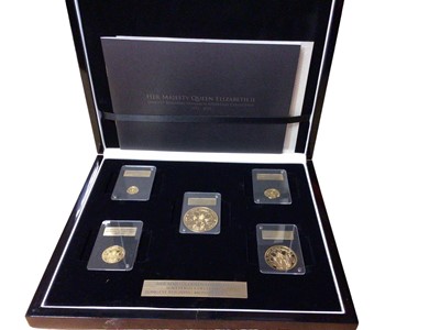 Lot 525 - Tristian Da Cunha - Longest Reigning Monarch five coin Gold Sovereign collection to include £5, £2, £1, ½ & ¼ 2015 (N.B. All 22ct gold, total Wt. 70gms) (N.B. Cased with Certificate of Authenticit...