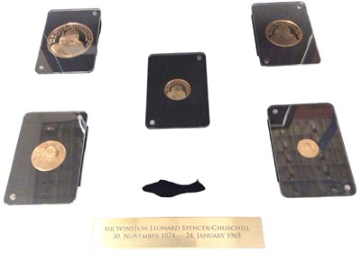 Lot 526 - Gibralta - L.M.O. Winston Churchill 'Our Finest Hour' five coin gold Sovereign collection to include £5, £2, £1, ½ & ¼ 2015 (N.B. All 22ct gold, approx. total Wt. 70gms) (N.B. Cased with Certificat...