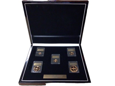 Lot 527 - Gibralta - L.M.O. HM Queen Elizabeth II 90th Birthday quintuple five coin gold Sovereign collection to include £5, £2, £1, ½ & ¼ 2016 (N.B. All 22ct gold, approx. total Wt. 70gms) (N.B. All cased b...