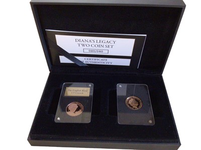 Lot 532 - Gibralta - Gold proof 'Diana's Legacy' two coin set to include 1/5 Crown 2021 (N.B. .999 gold 24ct. Wt. 6.223gms) & Sovereign 2022 (N.B. 22ct Wt. 7.98gms)..