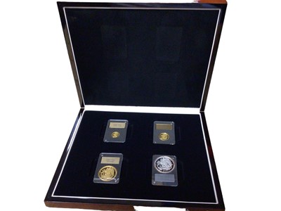 Lot 538 - Isle of Man - L.M.O. Dual Royal Anniversary Edition gold 24ct proof & silver four coin Prestige Angel Collection to include gold 1oz. ¼ oz, 1/10oz & 1oz silver (N.B. Cased with Certificate of Auth...