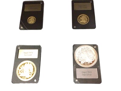 Lot 538 - Isle of Man - L.M.O. Dual Royal Anniversary Edition gold 24ct proof & silver four coin Prestige Angel Collection to include gold 1oz. ¼ oz, 1/10oz & 1oz silver (N.B. Cased with Certificate of Auth...