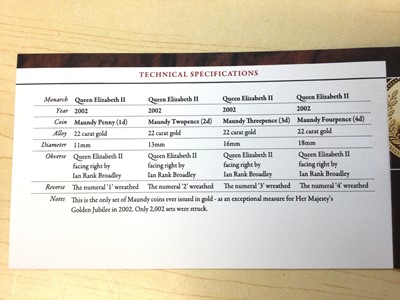 Lot 542 - G.B. - Gold Maundy four coin set commemorating Queen Elizabeth II Golden Jubilee 2002 (N.B. Cased with Certificate of Authenticity) (4 coin set)