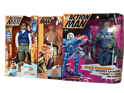 Lot 1852 - Action Man dolls Duke, Cobra Commander, Stalker, Space Commander, Kick Boxer, Arma Rapida and GIJoe  Ace, Destro and Storm Shadow, plus Action Fighter, all boxed (10)