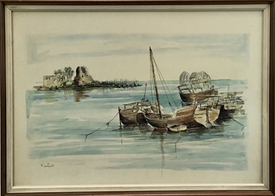 Lot 152 - Abdul Karim Al-Orrayed, Bahraini b.1934. Ink and watercolour study, fishing boats in harbour. Signed lower left. Framed. 42.5x60cm