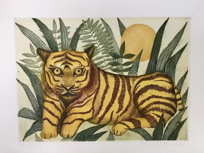 Lot 165 - Françoise Deberdt, French b.1934. Coloured etching, Tiger and sun, blind stamped, signed and numbered in margin. 32.5x40cm