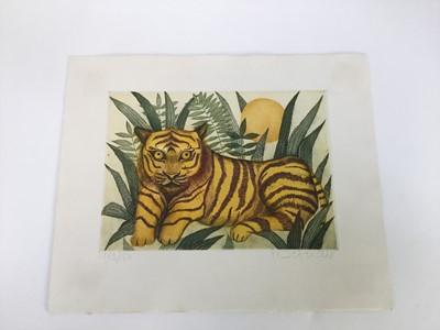 Lot 165 - Françoise Deberdt, French b.1934. Coloured etching, Tiger and sun, blind stamped, signed and numbered in margin. 32.5x40cm