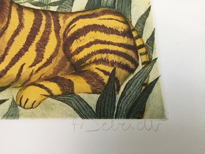 Lot 165 - Françoise Deberdt, French b.1934. Coloured etching, Tiger and sun, blind stamped, signed and numbered in margin. 32.5x40cm