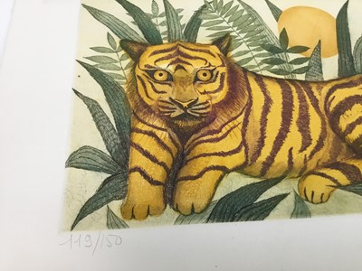 Lot 165 - Françoise Deberdt, French b.1934. Coloured etching, Tiger and sun, blind stamped, signed and numbered in margin. 32.5x40cm