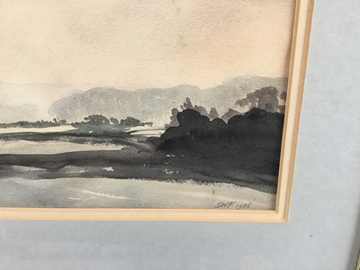 Lot 87 - Steve Warwick Fleming, 20th century British School. Watercolour, landscape with trees. Signed and inscribed verso, signed with initials lower right. Framed. 25.5x35.5cm