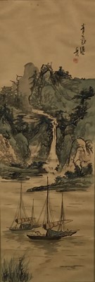 Lot 68 - Chinese watercolour / ink scroll painting to silk. Fishing boats in a mountainous landscape with pagoda. Signed with character marks and seal mark. Framed. 90x30cm