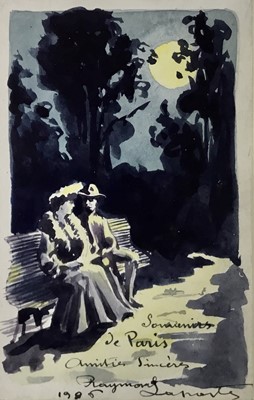 Lot 96 - A souvenir of Paris, 1906. Watercolour, courting couple on park bench. Inscribed and dated. 14x9cm