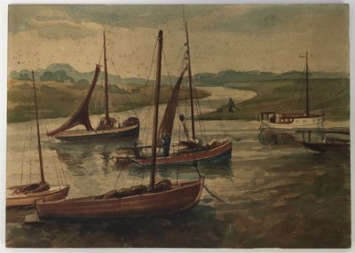 Lot 98 - Early 20th century British School. Impressionist watercolour on board, fishing boats. 19x26.5cm.