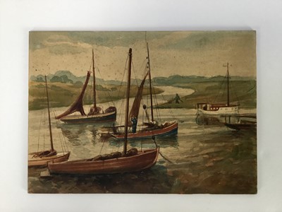 Lot 98 - Early 20th century British School. Impressionist watercolour on board, fishing boats. 19x26.5cm.