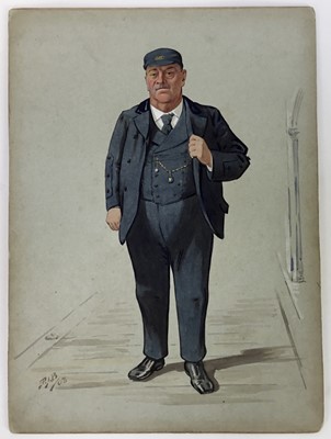 Lot 100 - Edwardian watercolour on board, 1906. Portrait of a train conductor, signed with initials and dated lower left. 38.5x28cm