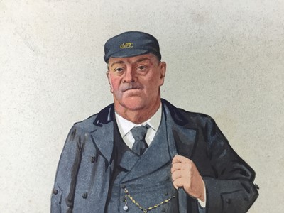 Lot 100 - Edwardian watercolour on board, 1906. Portrait of a train conductor, signed with initials and dated lower left. 38.5x28cm