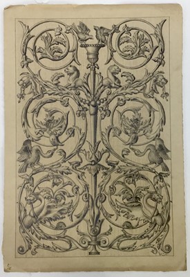 Lot 163 - Early 20th century. A fine study in graphite on paper of Etruscan revival scrollwork, with griffins, lions and birds. Signed with initials “WK” and dated “30” lower right. 50.5x34cm