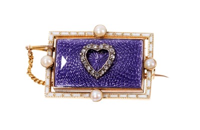 Lot 440 - Edwardian gold enamel, diamond and pearl brooch with a central diamond set applied heart on a purple guilloche enamel ground, a white enamel border set with four half pearls