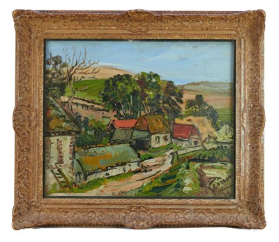 Lot 1345 - *Stanley Grimm (1891-1966) oil on board - Landscape, signed, labels verso, 48cm x 58cm, in glazed frame