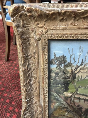 Lot 1345 - *Stanley Grimm (1891-1966) oil on board - Landscape, signed, labels verso, 48cm x 58cm, in glazed frame