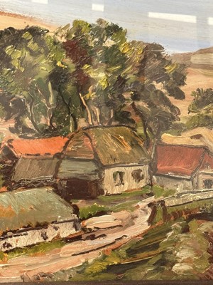 Lot 1345 - *Stanley Grimm (1891-1966) oil on board - Landscape, signed, labels verso, 48cm x 58cm, in glazed frame