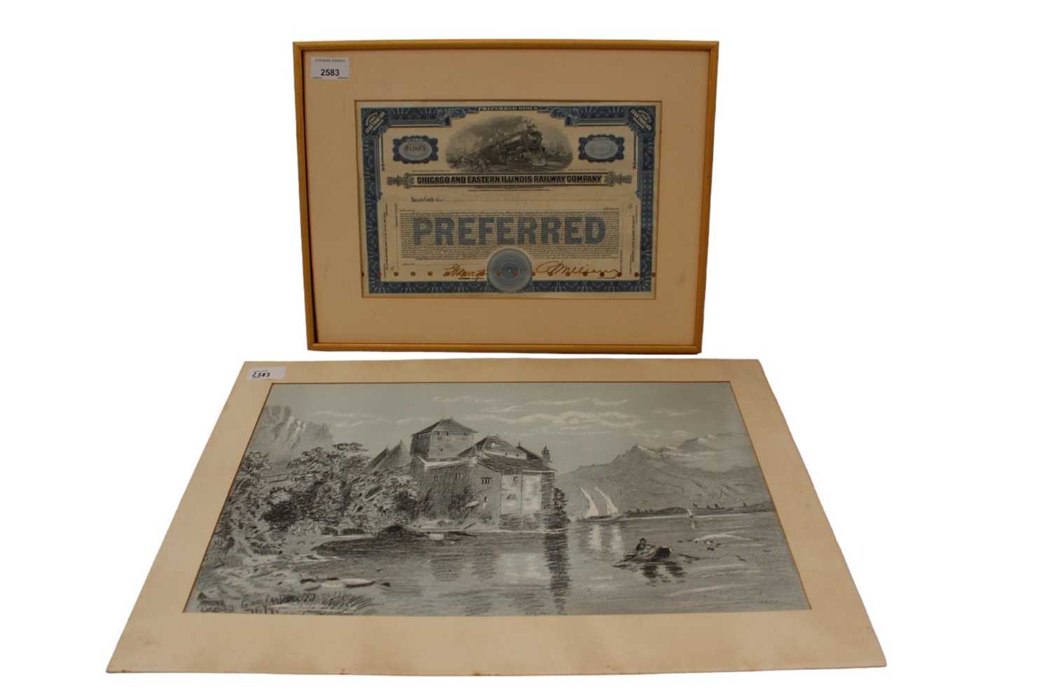 Lot 2583 - Chicago and Eastern Illinois Railway Company share certificate, together with a Victorian pencil drawing of a lake by as castle (2)