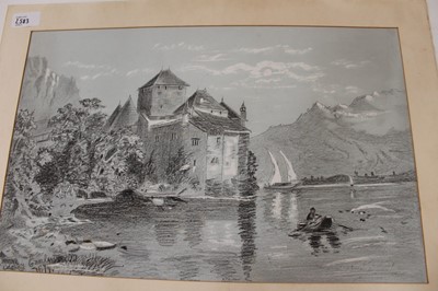 Lot 2583 - Chicago and Eastern Illinois Railway Company share certificate, together with a Victorian pencil drawing of a lake by as castle (2)