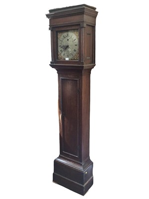 Lot 614 - 18th century oak cased 30 hour brass dial longcase clock with early birdcage movement, maker 'Kent' of Thaxted, together with single weight and pendulum